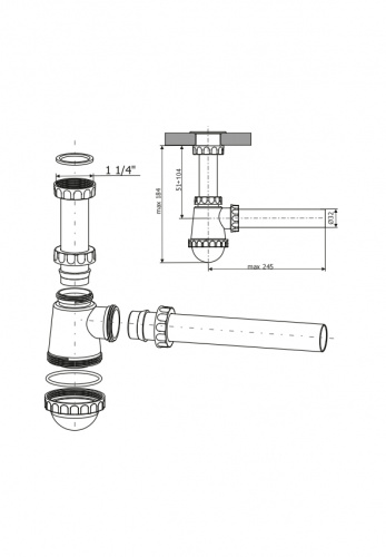 Сифон для раковины под донный клапан 1 1/4",Ø32(белый)